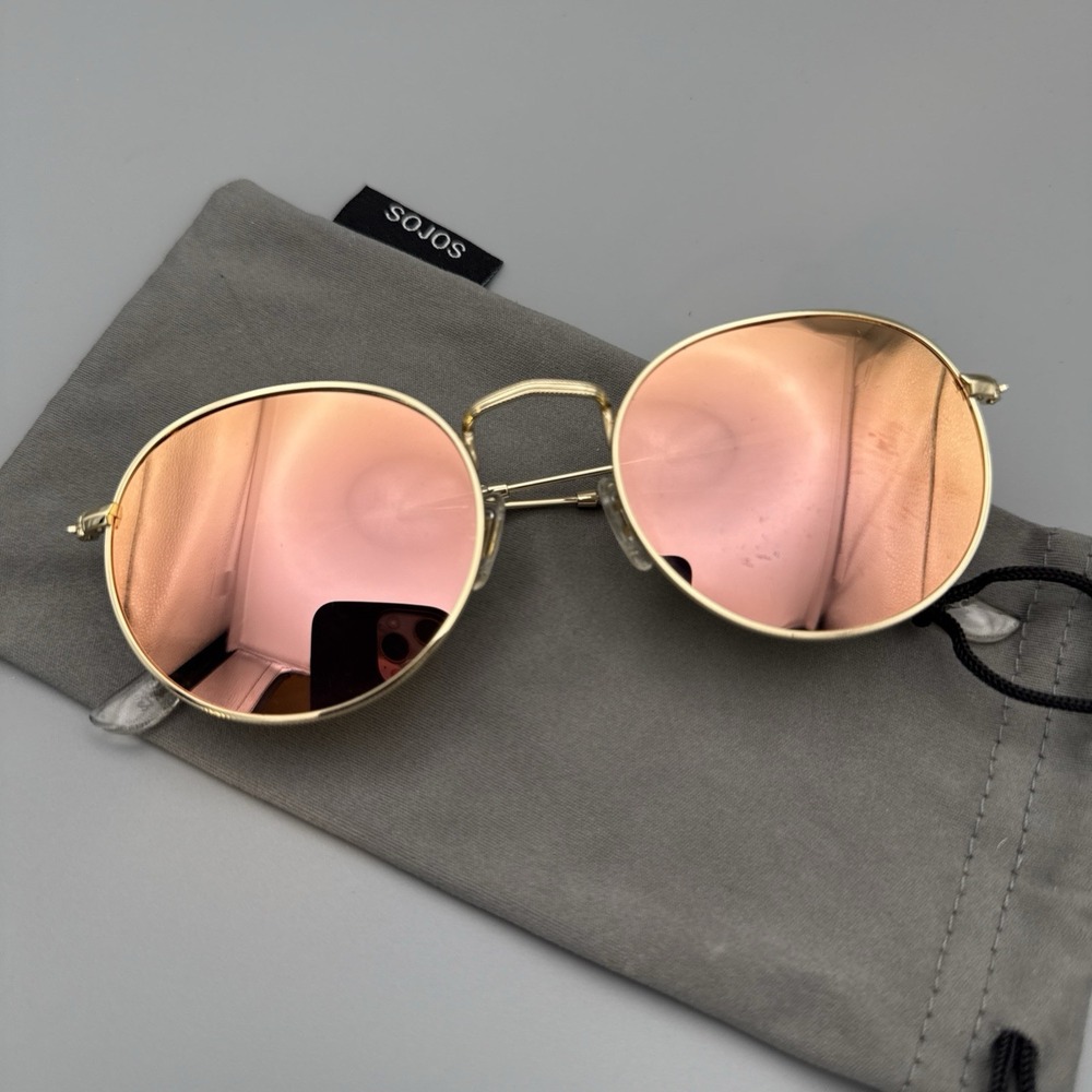 SOJOS Small Round Gold Classic Polarized Mirror Lens Sunglasses & Travel Bag